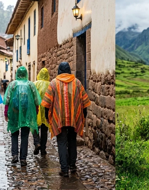 turistas con poncho en lluvia